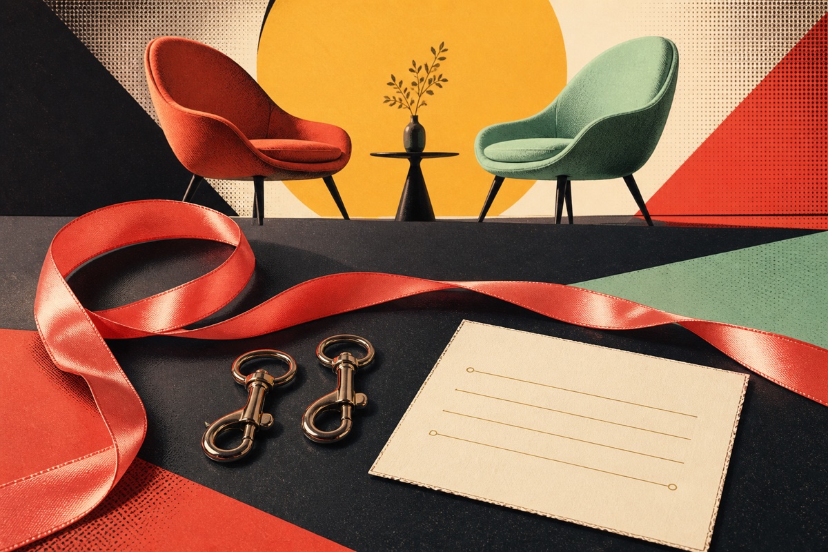 Two chairs facing each other behind a tabletop with a loose satin ribbon, two open clasps, and a blank agreement card