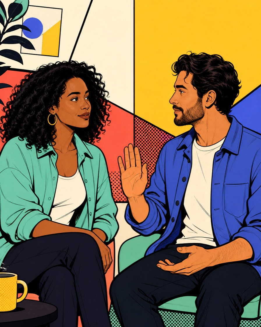 Two fully clothed adults pause to check in during a calm conversation