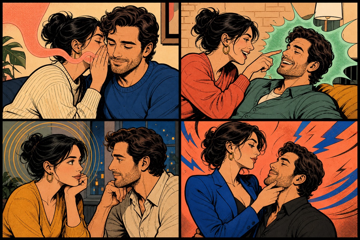 Four comic panels show the same fully clothed adult couple using whispering, teasing, focused and power-charged tones