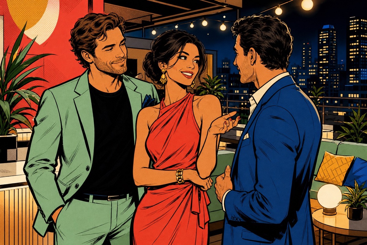 An adult couple exchange a confident look while the woman talks with another adult man at a rooftop gathering.