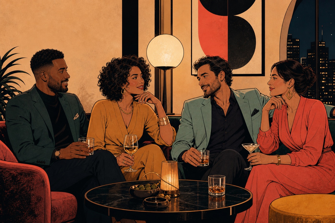 Two stylish adult couples share playful cross-couple eye contact in an evening lounge